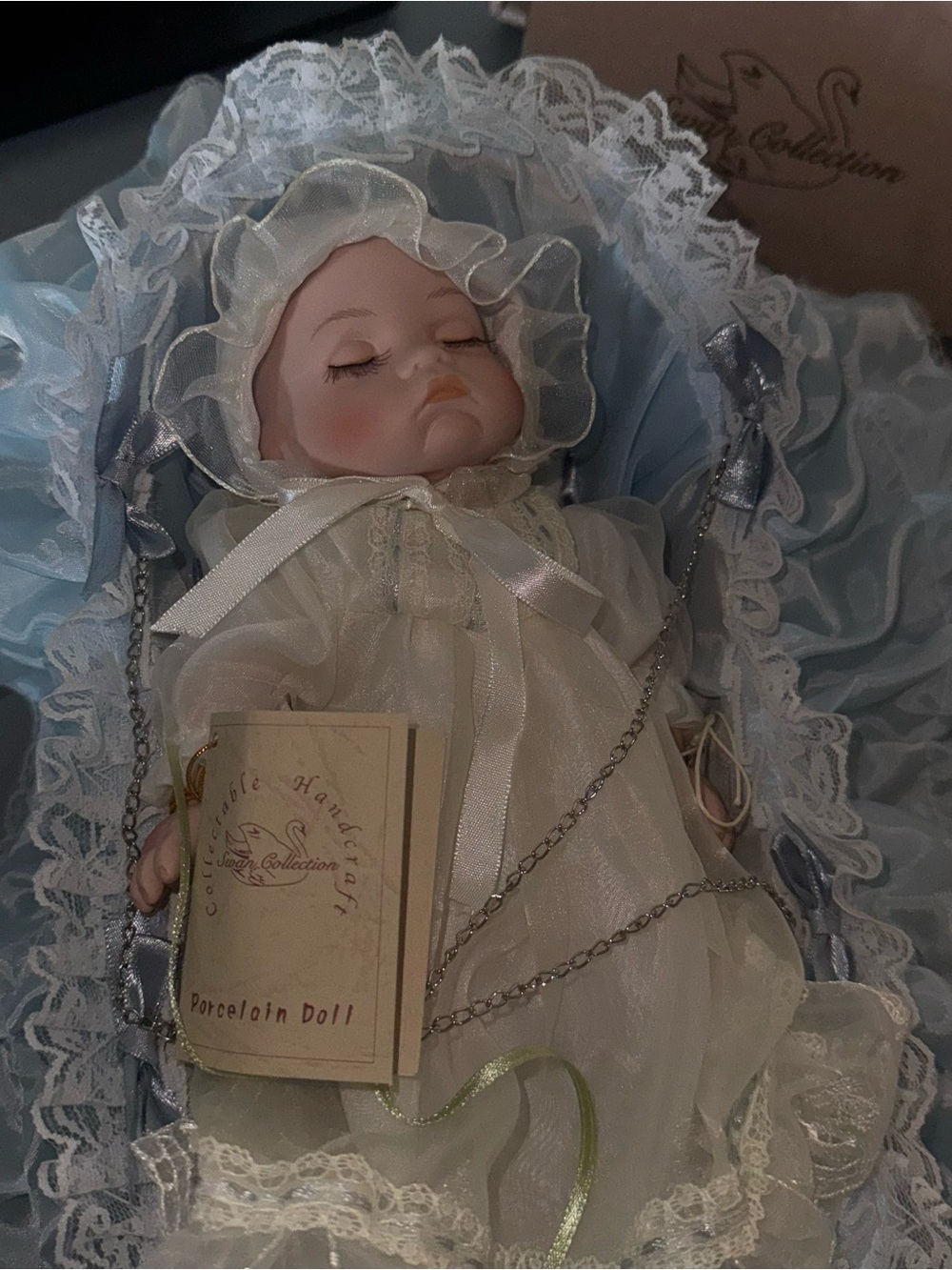 Sean Collection Beige and Maroon Swan Porcelain Doll Tag